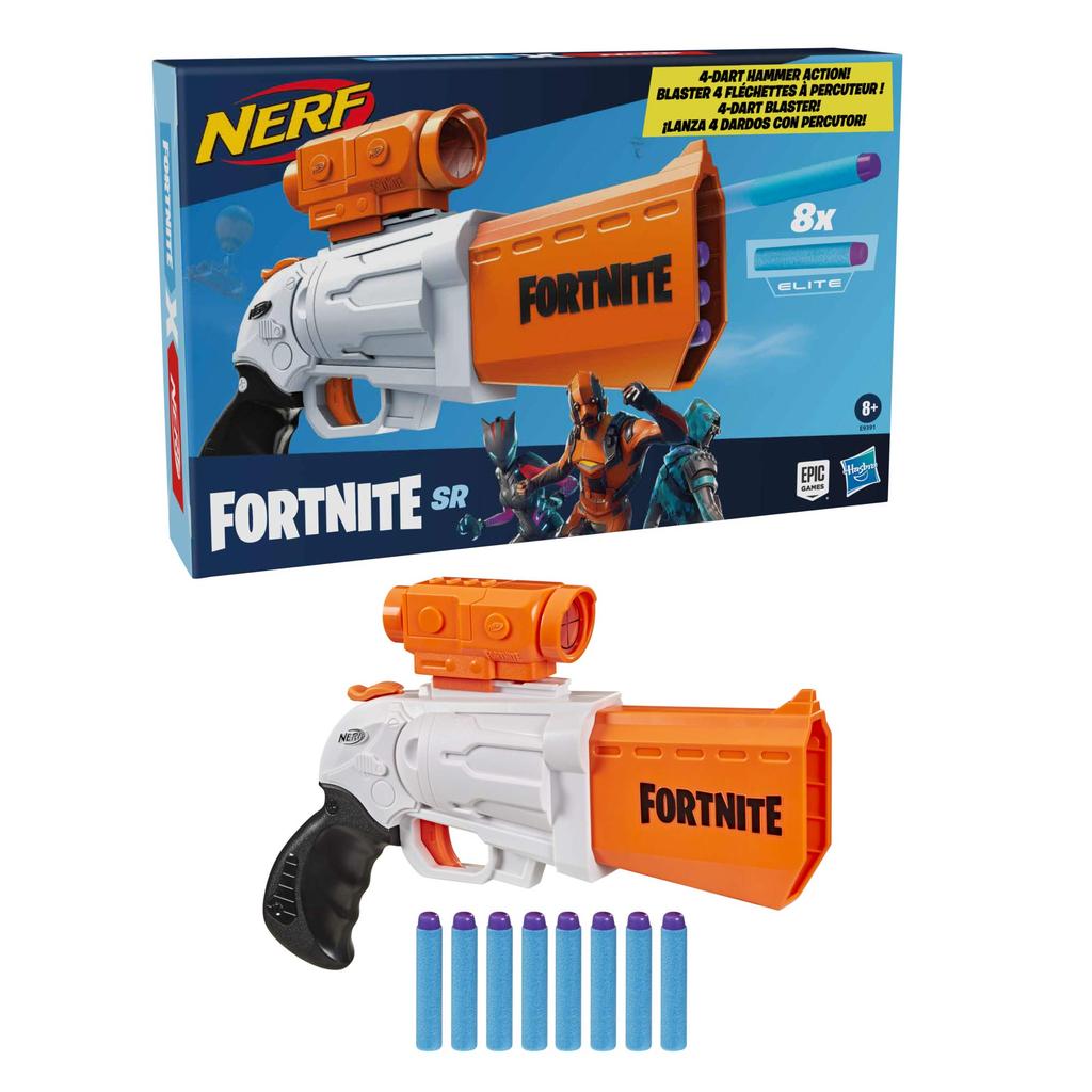 Hasbro Nerf Fortnite SR Hammer Action Manual Blaster with Detachable Scope and 8 4 Darts for and Authentic Darts, Loaded, Kids, Teens, Adults, E9391,