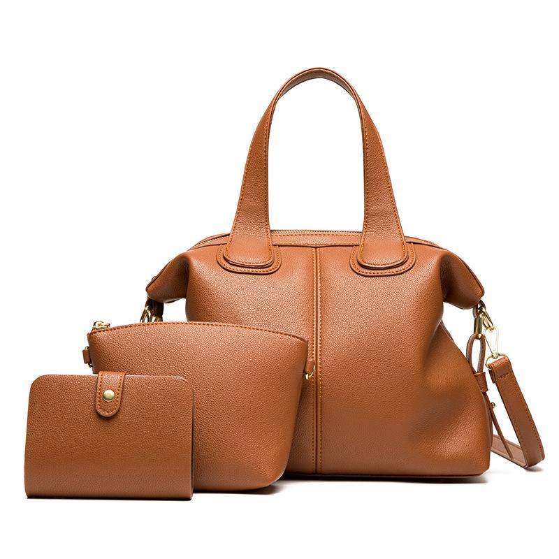 Women's Handbag Autumn and Winter New Luxury Soft Leather Women's Shoulder Bag Retro Solid Color Large Capacity Three-piece Set
