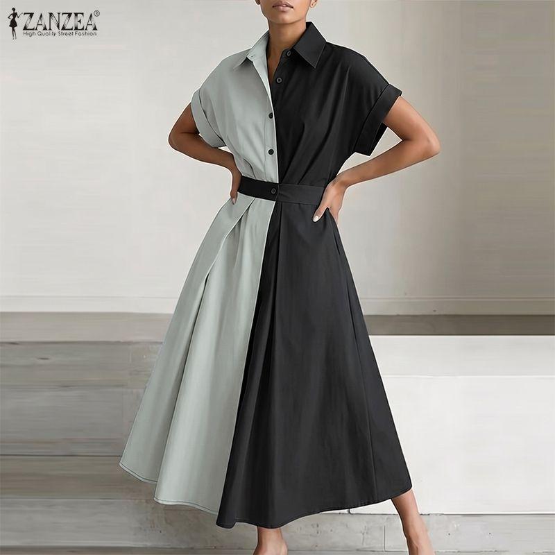 ZANZEA Womens Casual Turn Down Collar Polka Dot Print Short Sleeve Dress
