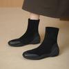 Autumn and Winter Leather Low Boots Sleeve Solid Color Rubber Soft Sole Versatile Round Head Middle Heel New Cowhide Fashion Boots Women
