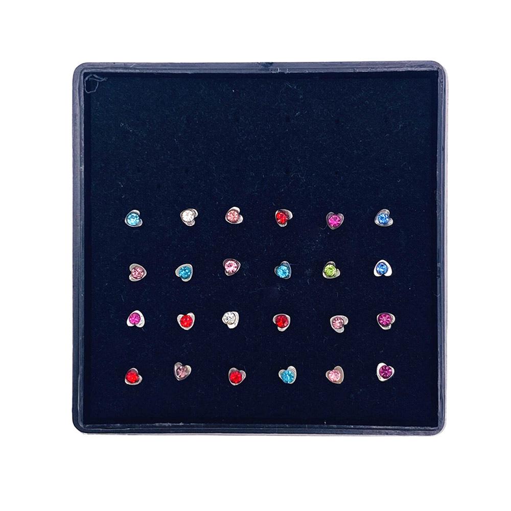 24-Piece Rhinestone Stainless Steel Heart Nose Studs - Titanium Steel Jewelry