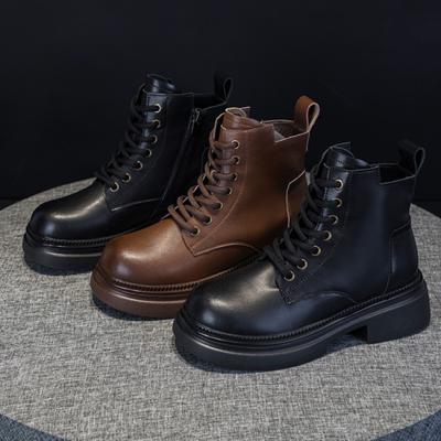 Kurze Stiefel aus Leder mit Plateau für Damen im Retro-Stil im britischen Stil, Erhöhung der Innenhöhe, vielseitige Damenstiefel