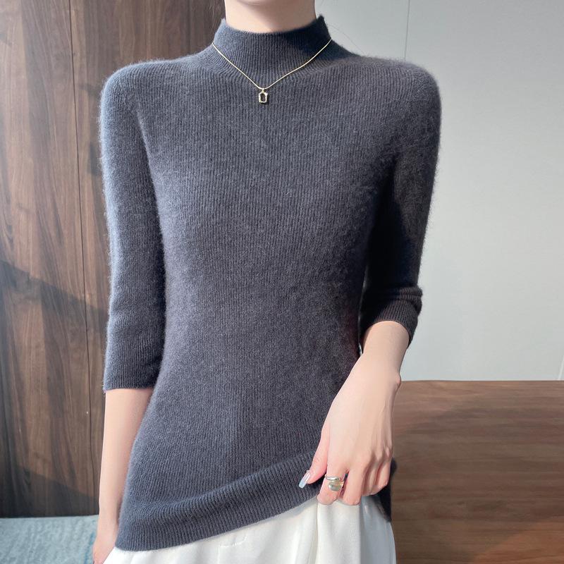 

Женский вязаный топ с высоким воротником, рукавом до локтя и приталенного силуэта XL серый