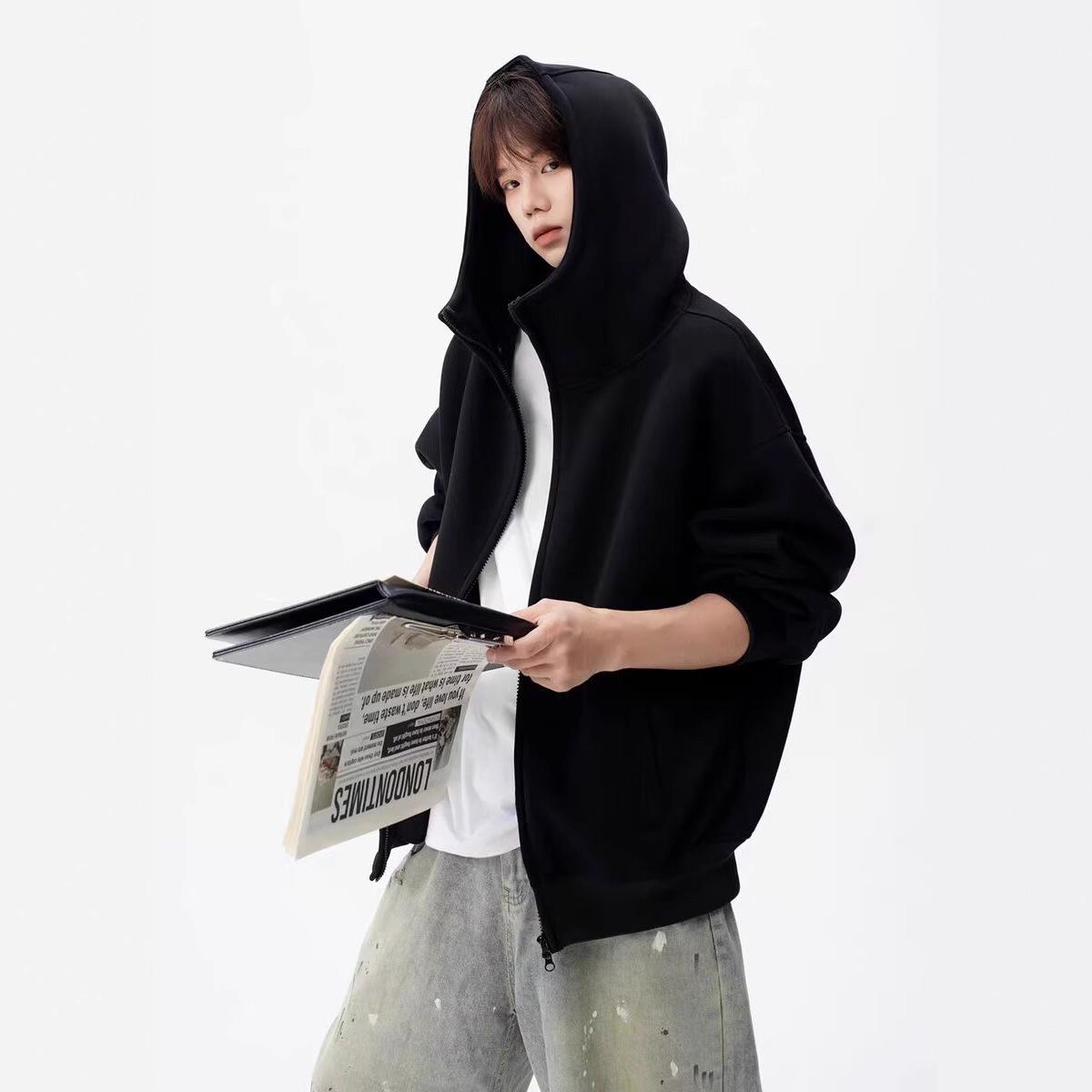 Trendy American High Street Double Zipper Basic Heavyweight Loose Cardigan Hoodie Double Extra Large чёрный