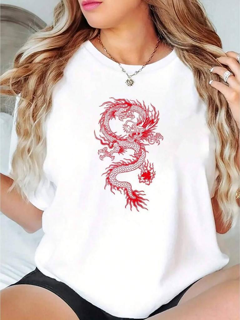 Creative Dragon Pattern Print Unisex Fashion Round Neck Short Sleeves Simple Casual Sporty TShirt Cute Funny Comfortable Unisex Fashion