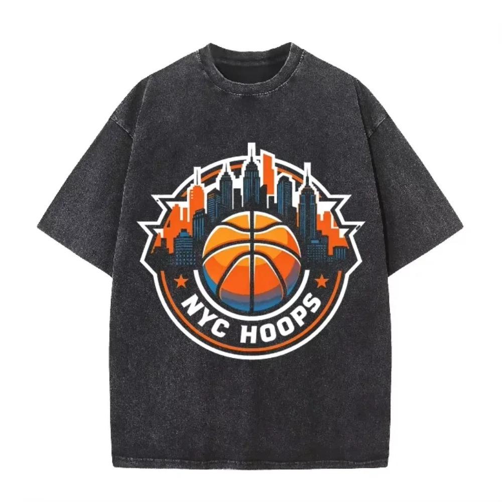 Vintage Washed Green Tshirt NYC Hoops New York Basketball Skyline Print Loose Short Sleeve Sports Casual