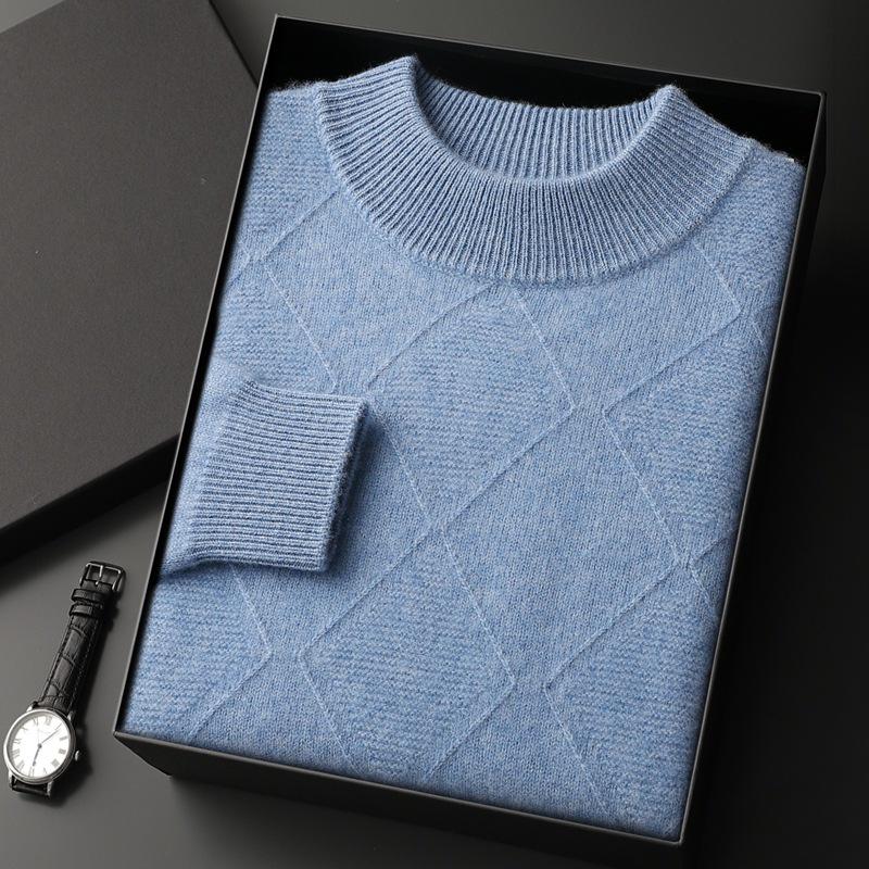 Men s Diamond Jacquard Cashmere Sweater, Half-high Collar, Versatile Wool Knitwear XXL