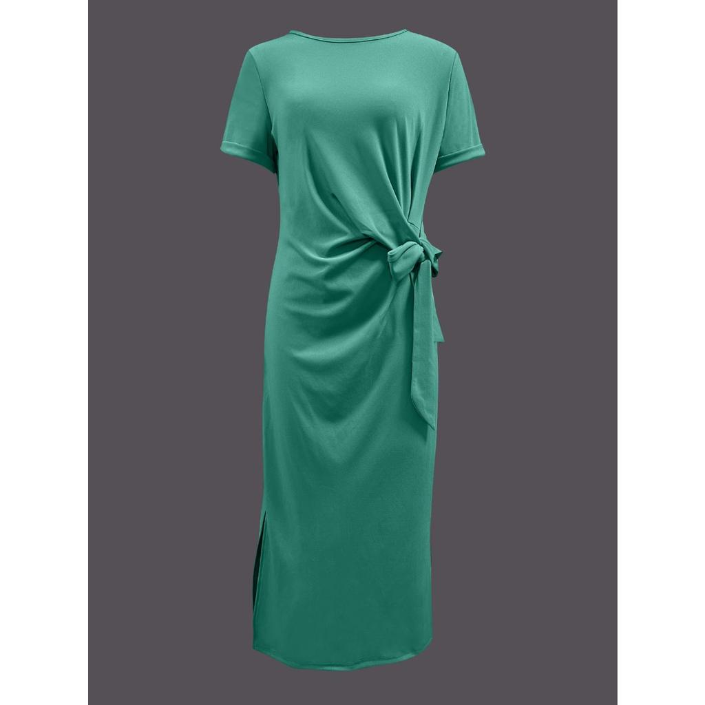 Summer Women's Elegant Long Dress, O Neck Short Sleeve Waist Tie Maxi Dress, European American Style Casual Party Long Dress