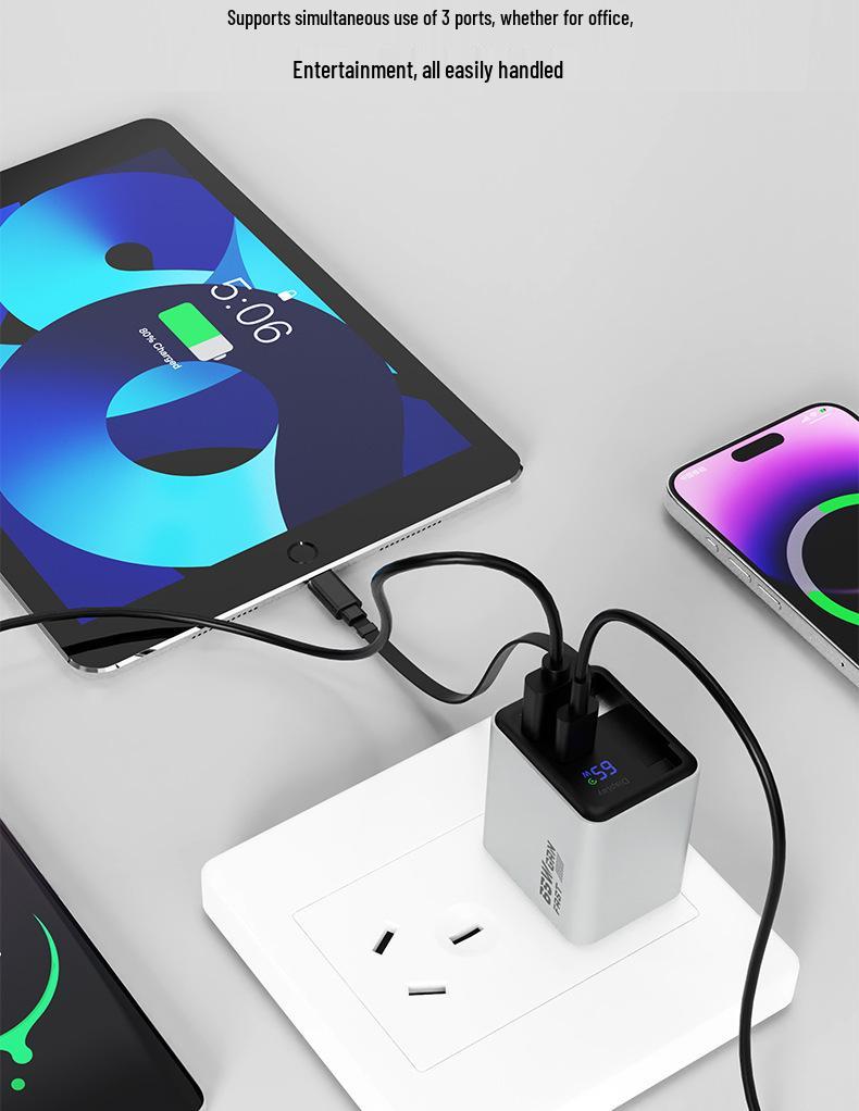 65W GaN Charger with Retractable Cable & Digital Display for Apple & Huawei