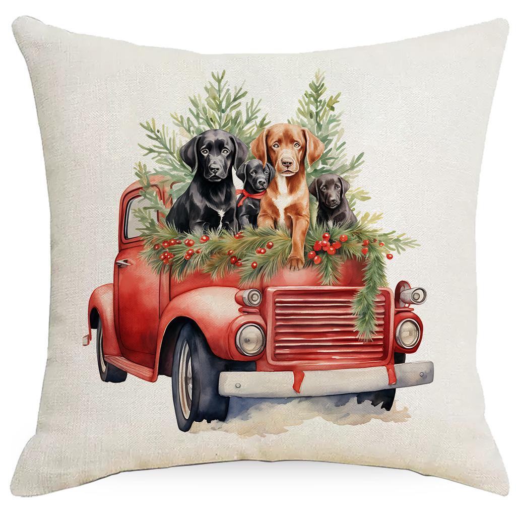 New Christmas Pillowcase Vintage Red Truck Cute Dog Christmas Tree Print Cushion Cover