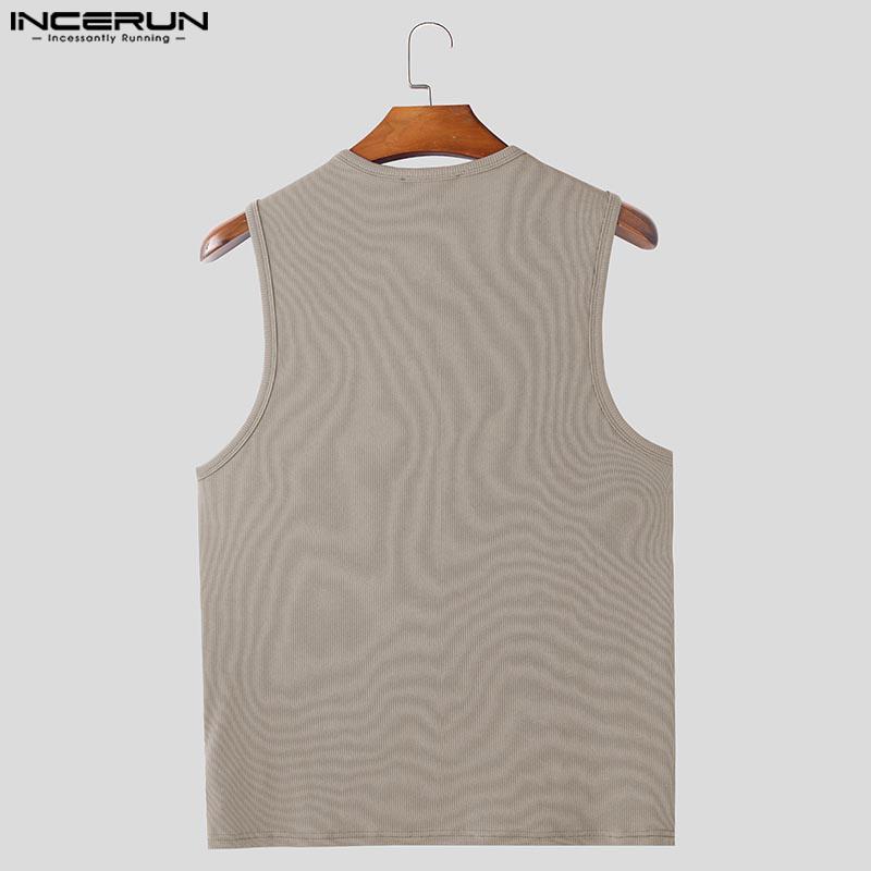 INCERUN Summer Men O Neck Zip-up Sleeveless Rib Sport Casual Fitted Tank Tops