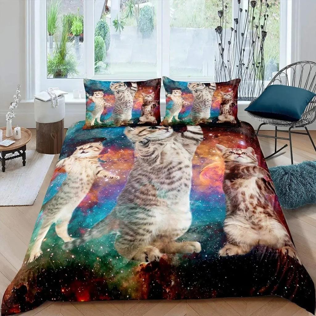 Galaxy Cat Duvet Cover Set Girls 3D Digital Cat Bedding Set Galaxy Colorful Cat Starry Sky Comforter Cover Lover Quilt Cover