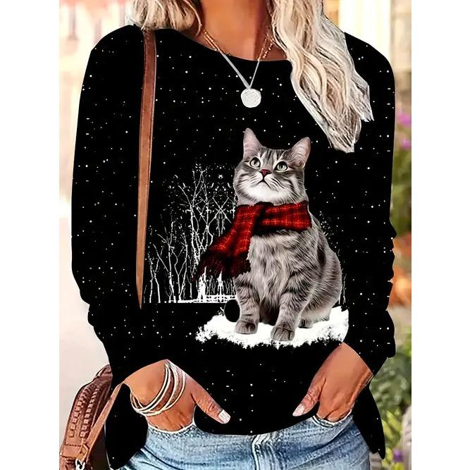 Spring and Autumn Round Neck Cute Cat Pattern 3D Printed Top Fashionable Casual Long Sleeved Women's T-shirts
