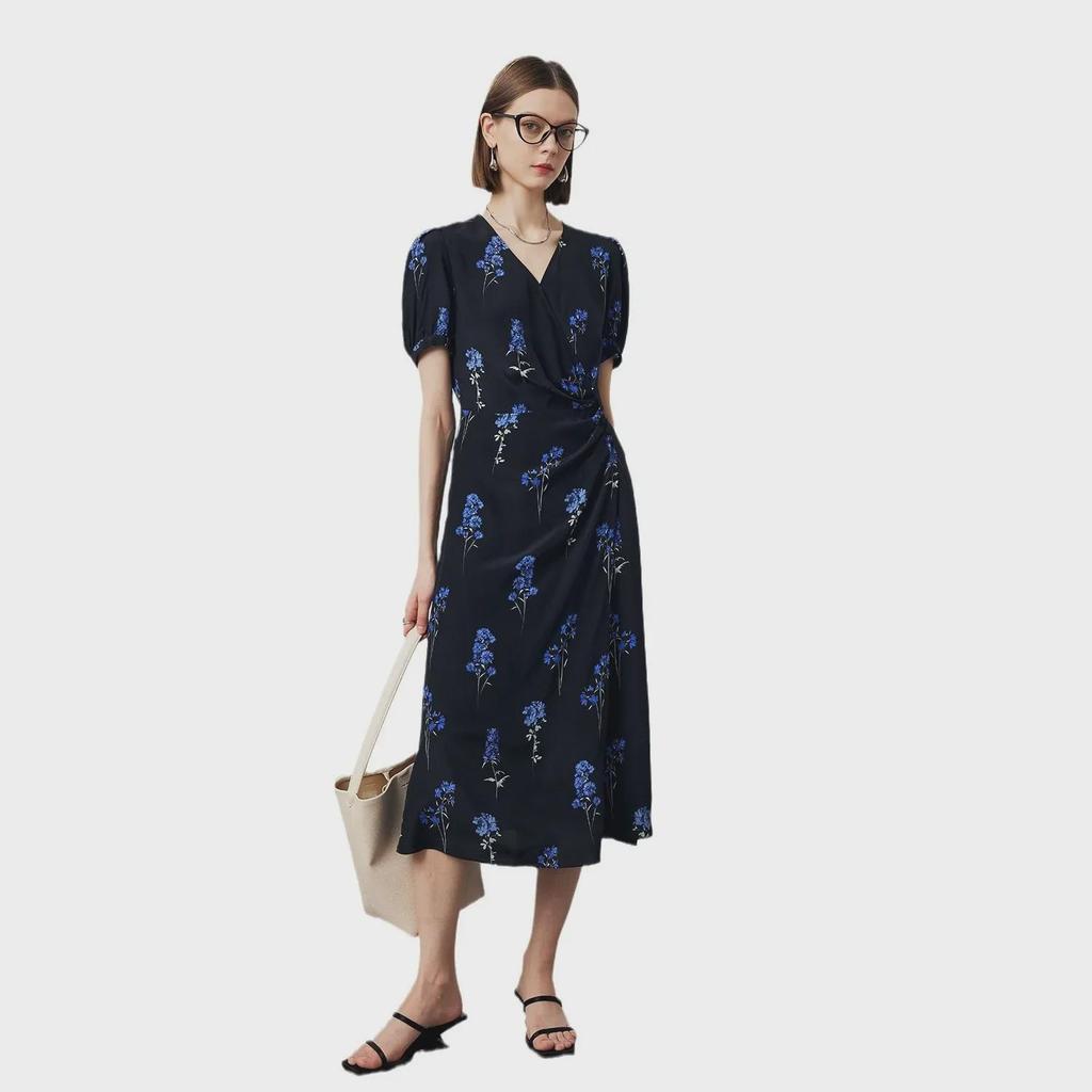Damen V-Ausschnitt Seidenkleid - Frühjahr/Sommer Kollektion 2025, Kurzärmelig, Gefütterter Doppel-Crepe, 100% Maulbeerseide.