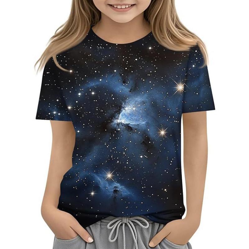 Girls T Shirts Summer Casual Starry Sky 3D Printed Short Sleeved Round Neck Children's T-shirt