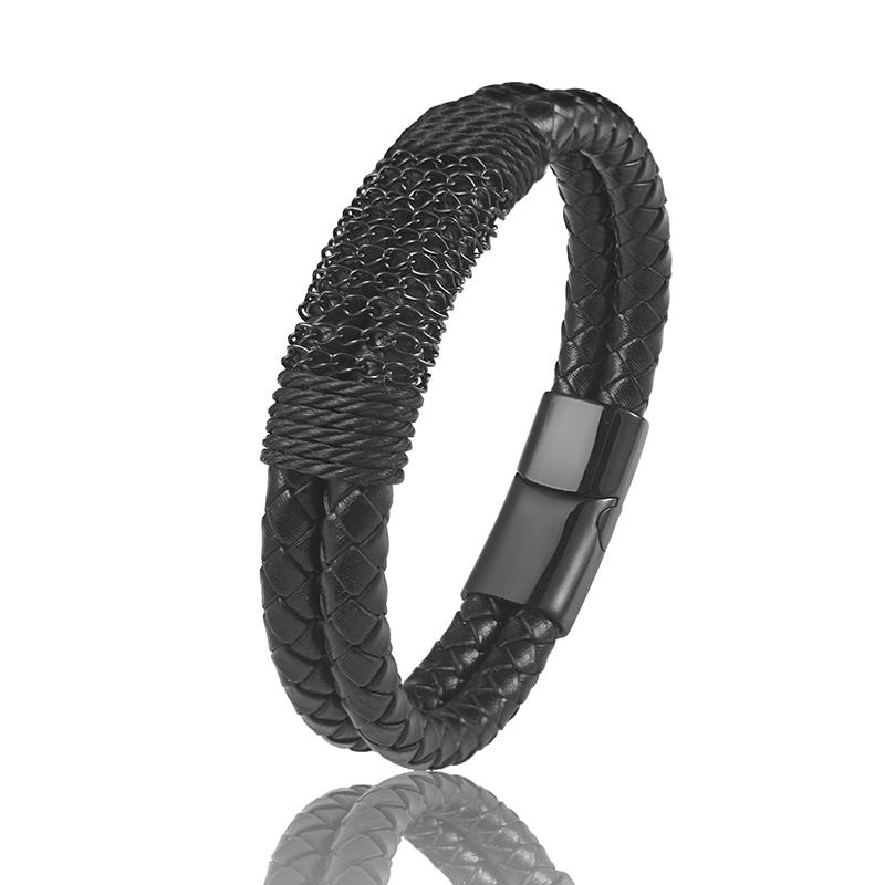 

Punk Style Men Leather Bracelet Blue Braided Chain Combination Stainless Steel Clasp Wristband Jewelry Gift for Boyfriend 22cm чорний