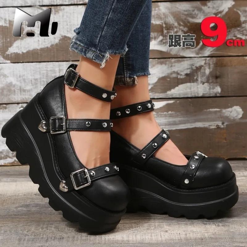 Fashion Women Ankle Boots 2025 New Wedge Ladies Boots Trend Luxury High Heel Platform Shoes Classic Belt Buckle Punk Lolita Shoes Women