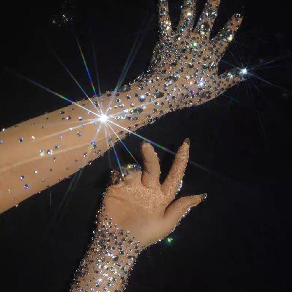 Lyxiga Kristallnätshandskar Långa Genomskinliga Handskar Dansare Sångare Scenkläder Accessoarer
