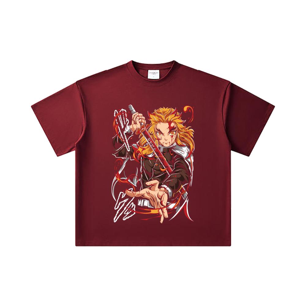 260 GSM Double Yarn 32 Count 100% Cotton Demon Slayer V85 Rengoku Print Unisex Heavy Cotton T Shirt