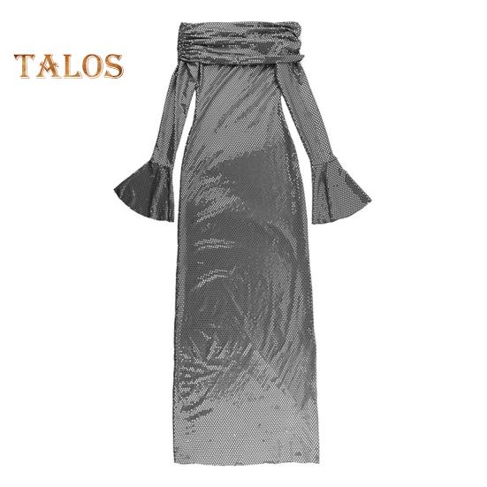Lady Evening Dress Bateau Neckline Off Shoulder Long Sleeves Shimmering Sequin Bronzing Strapless Bodycon Prom Cocktail Party Maxi Dress