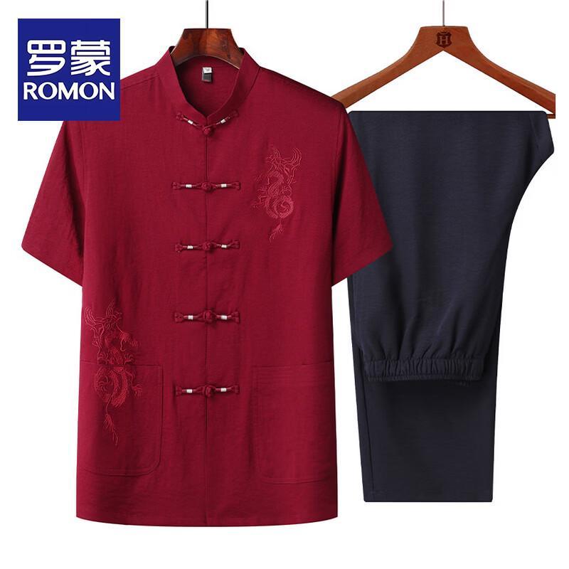 ROMON Men s Chinese Style Tang Suit Short Sleeve Cotton Linen Set 4XL