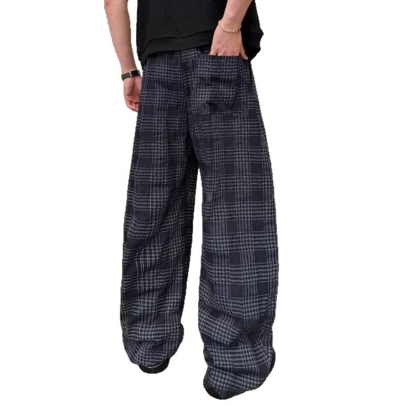 Straight-leg pants summer lazy wind advanced cool feeling loose wide-leg pants slimming feeling American retro plaid pants thin men