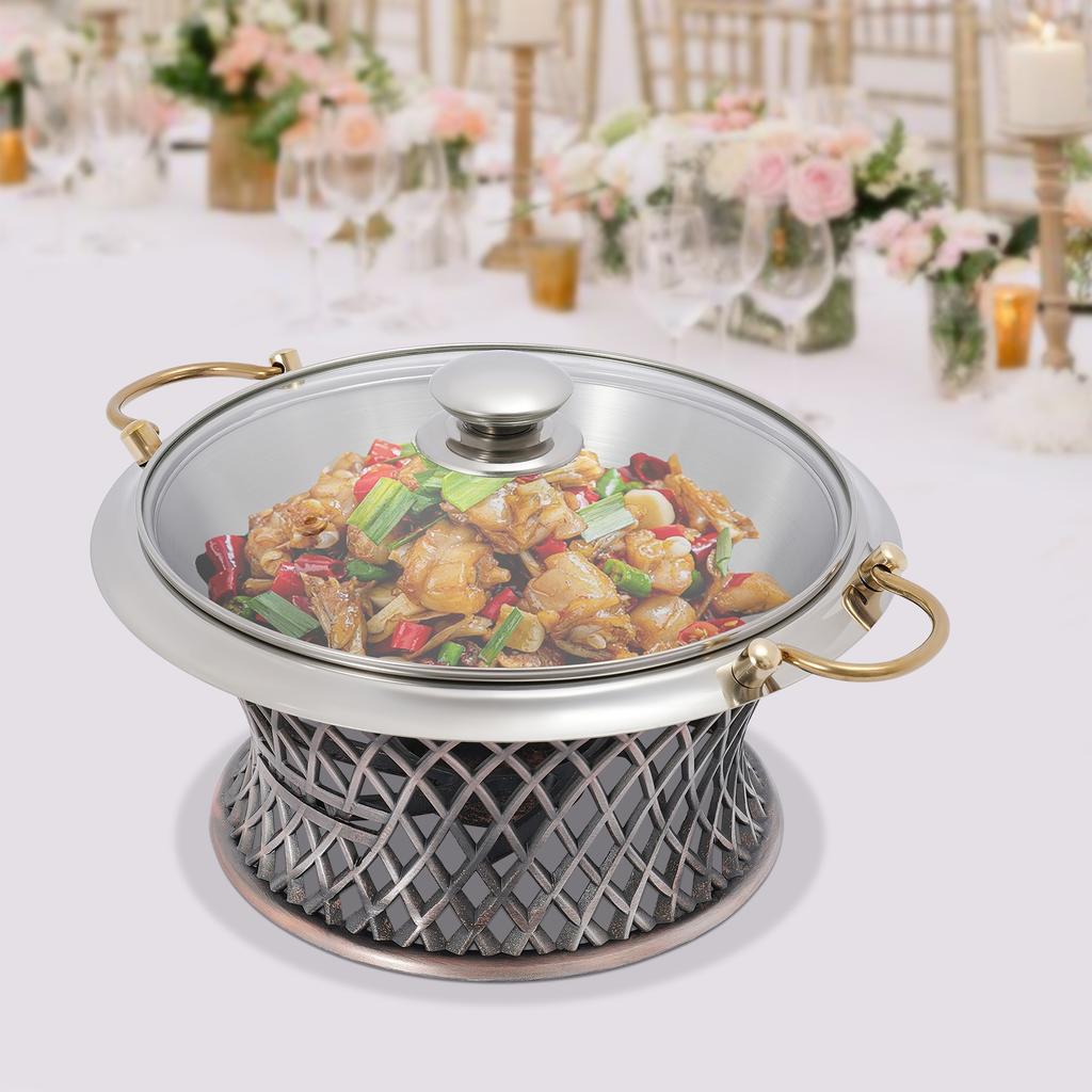 Elegant Bronze Buffet Chafing Dish W/ Lid, Round Alcohol Burner Warmer, 24cm Tabletop Food Pan, Perfect for Catering & Home Use