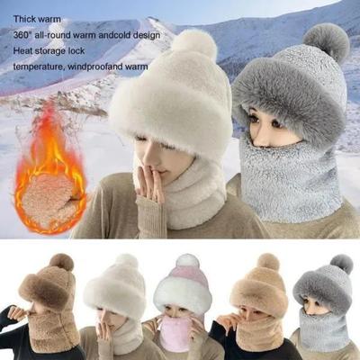 Ensemble écharpe d'hiver à capuche pour femme, bonnet chaud en peluche, coupe-vent, en laine épaisse et moelleuse, idéal pour le ski en plein air