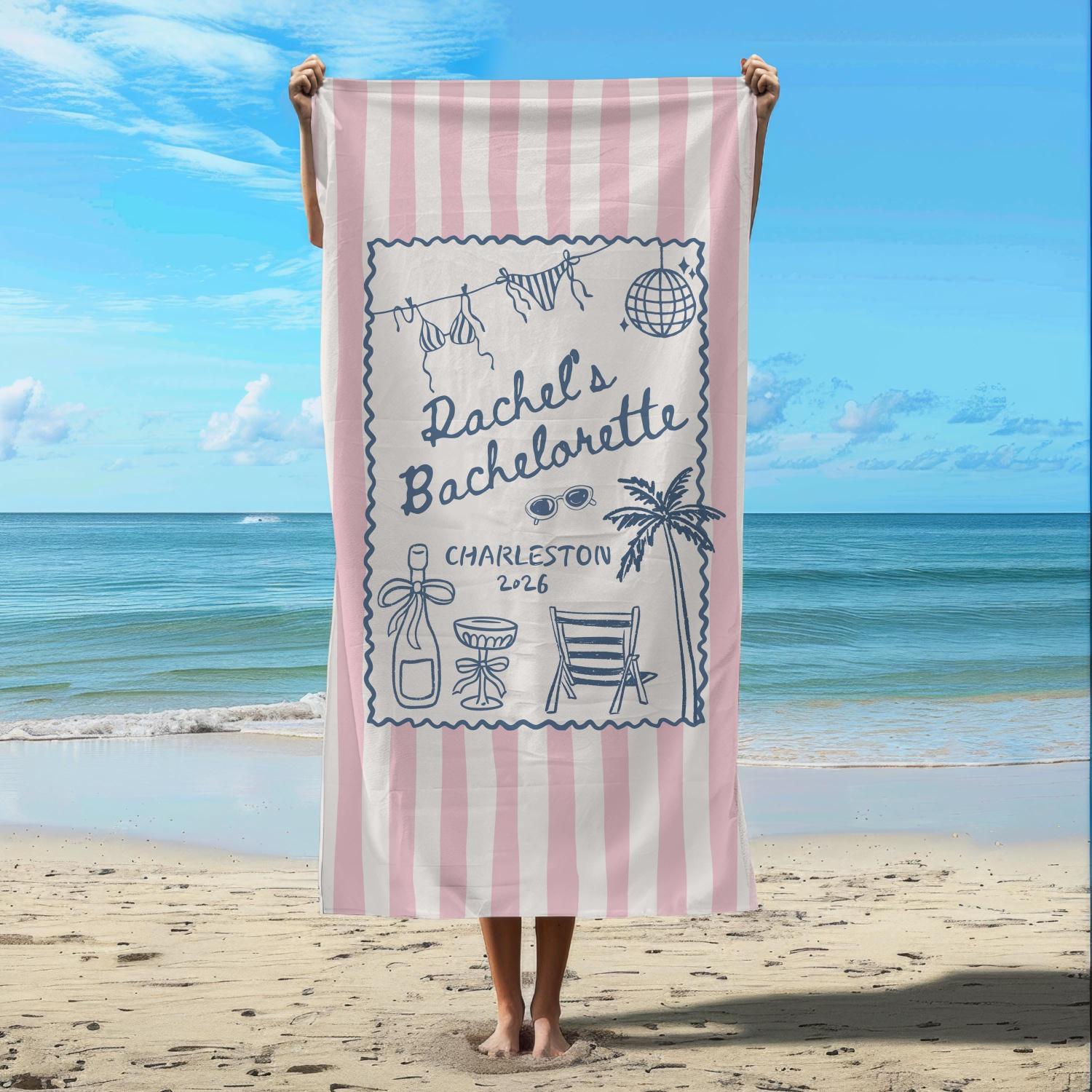 

Pink Stripe Bachelorette Beach Towel, Cute Coastal Bachelorette Party Summer Beach Towel W40*H60(CM)