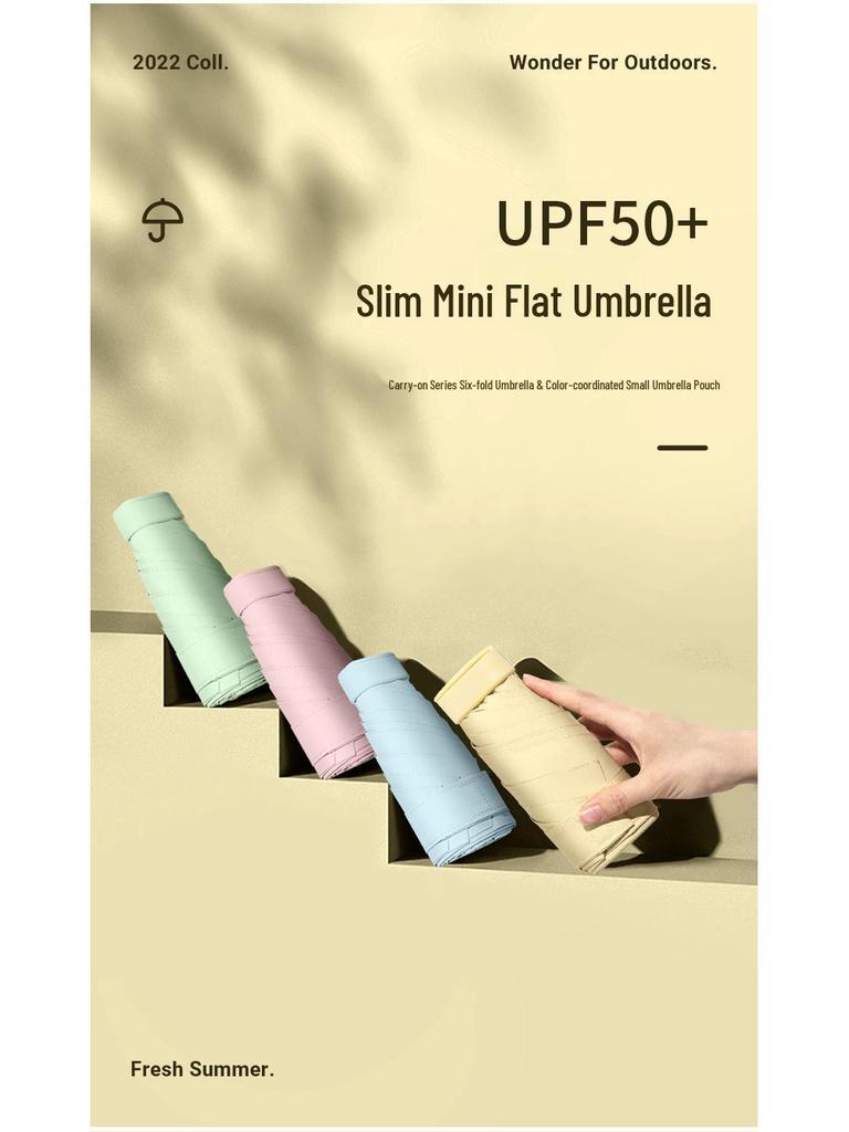 Compact Ultra-Light Six-Fold Capsule Umbrella with Black Glue Sun Protection and Hook