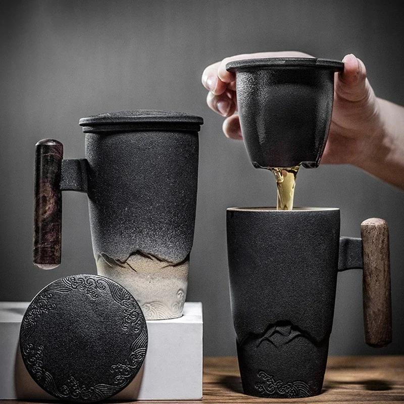 Luxury Retro Tea Cup Ceramic Mug Elegant Large Capacity Office Filter Black Water Cup with Cover Mugs Unusual Wooden Handle Cups Gift Ideas Box