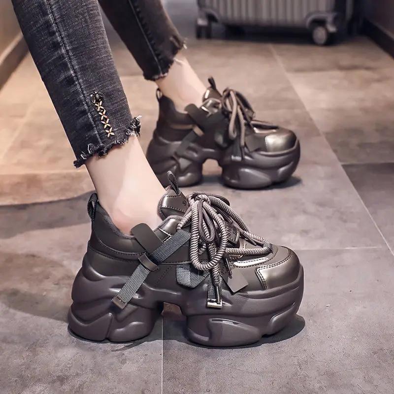 Fashion 8CM Winter Women Chunky Warm Fur Sneakers High Platform Sports Dad Shoes Woman Bling Leather Casual Snow Shoes Zapatillas Mujer