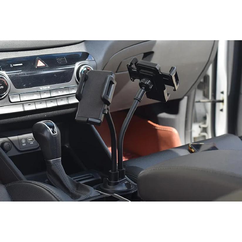 Dual Clamp Car Cup Phone Mount, Flexible Gooseneck 360°Rotatable Bracket Holds Two Smartphones, Universal Auto Cup Slot Stand