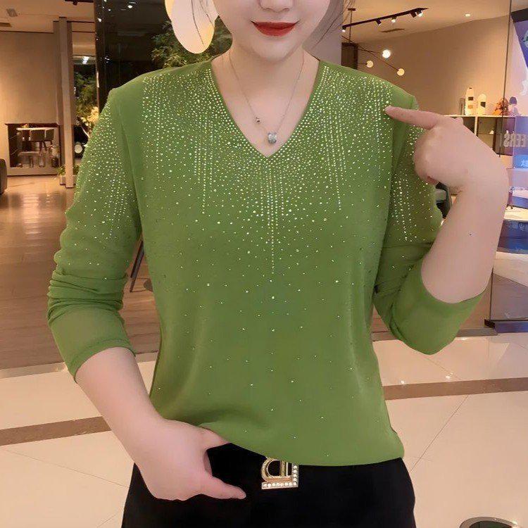 2026 Spring/Autumn Women's Rhinestone Knit Cardigan & Long Sleeve V-neck T-shirt