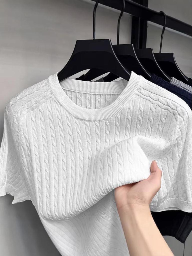 Men's Casual Loose Fit Round Neck Short Sleeve Knit T-shirt - Spring/Summer Solid Color Pullover