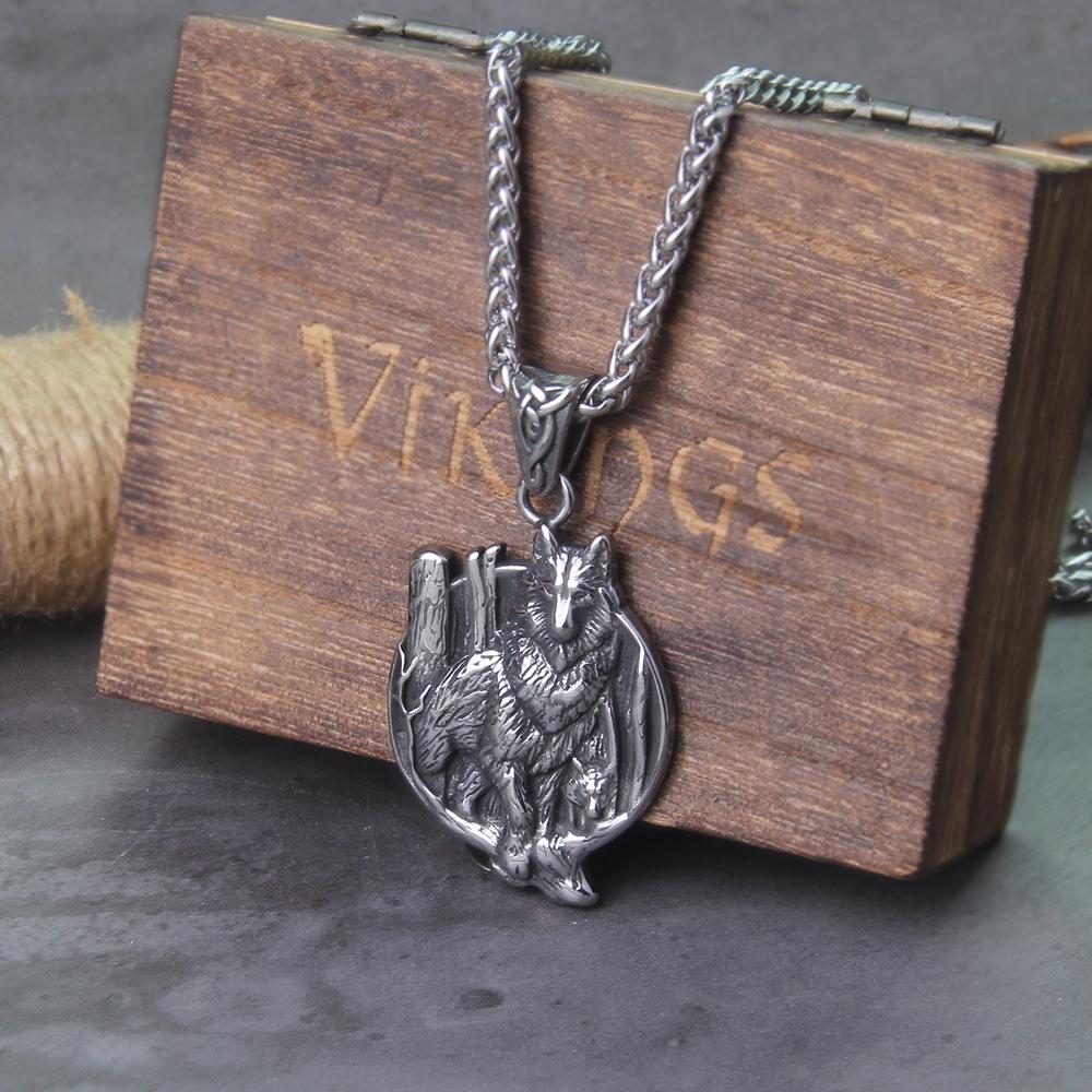 Never Fade Stainless Steel Nordic Viking Wolf Necklace with Wooden Gift Box Original Animal Jewelry