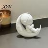 Office Desk Astronaut Figurine 3D Printed Moon Figurine, Sitting on Crescent Spaceman Ornament Statue, Desktop Decoration for Home Bookshelf Mini