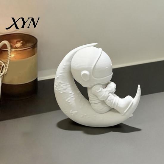 Office Desk Astronaut Figurine 3D Printed Moon Figurine, Sitting on Crescent Spaceman Ornament Statue, Desktop Decoration for Home Bookshelf Mini