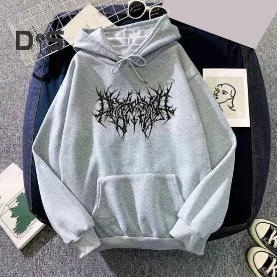 Fall Winter Unisex Hoodie Drawstring Elastic Cuff Thorn Print Thick Fleece Patch Pocket Loose Long Sleeves Pullover Warm Top