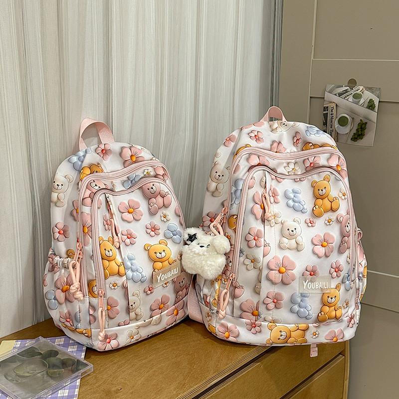 Cute Flower Rabbit Panda Cat Pattern Student Backpack With Pendant For Teens And Adults