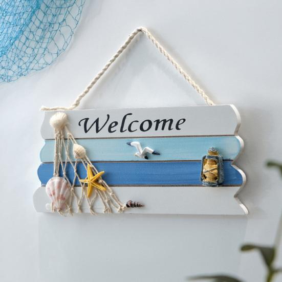 Beach Welcome Sign for Front Door Summer Ocean Wood Plaque Rustic Door Hanger with Starfish Shells for Farmhouse Outdoor Porch Decor