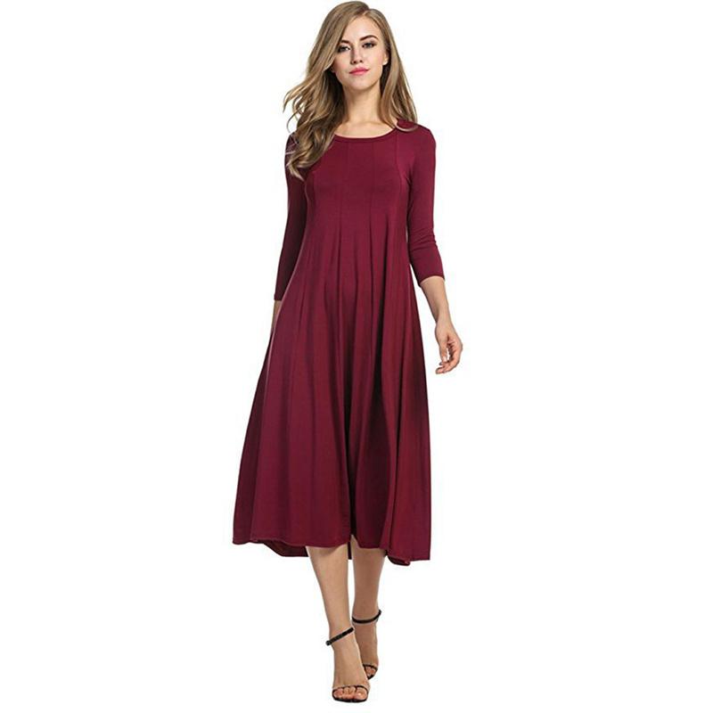 Sommerkleid für Damen, modisch, Rundhalsausschnitt, mittlere Ärmel, einfarbig, plissiert, lange Kleider