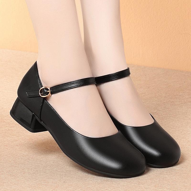 Fashion One-Line Button Mother Shoes Spring Autumn Square Toe Mary Jane Shoes Women's Single Shoes Work Shoes Leather Shoes Comfortable