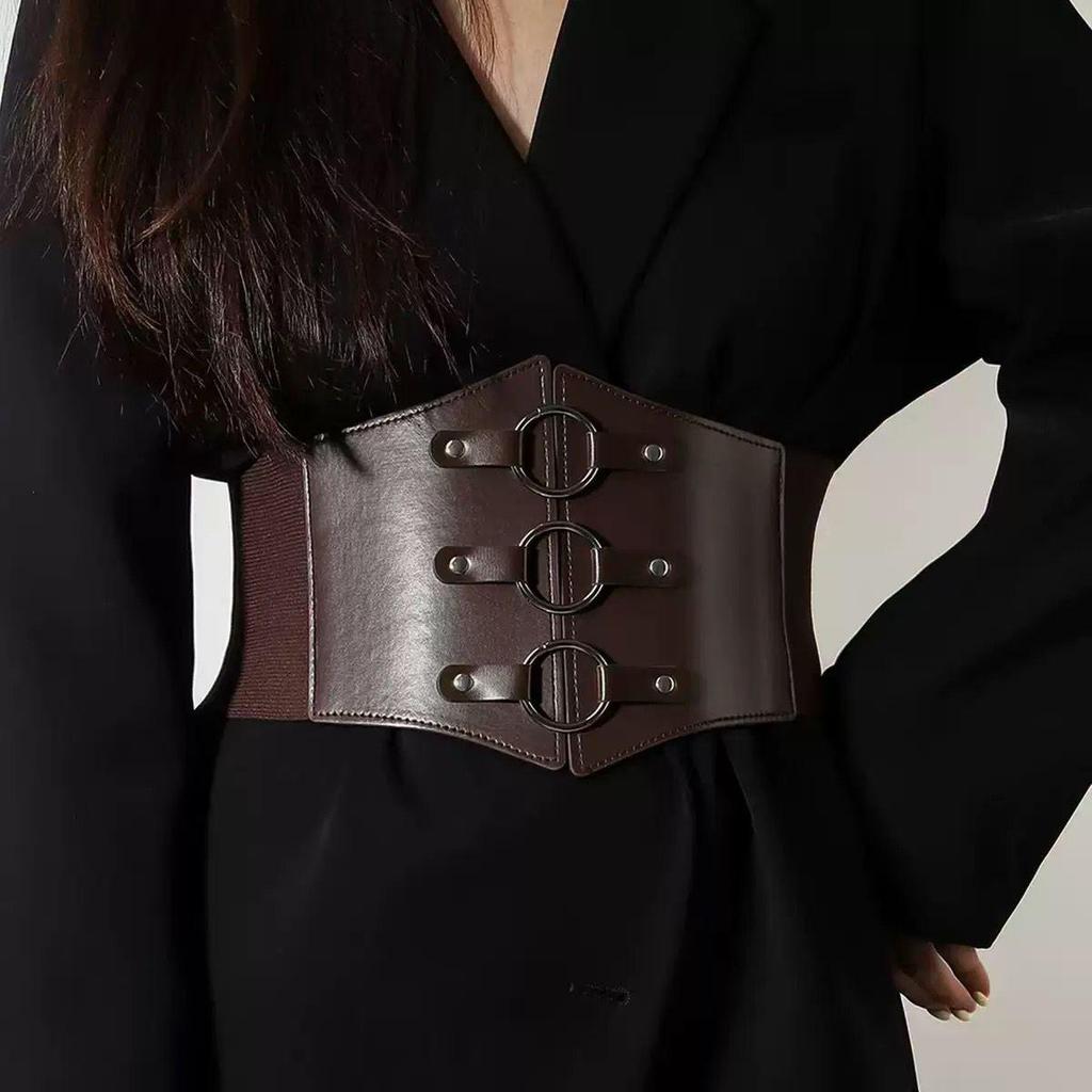 Women's Wide Corset Waistband with Tie-up Bow and Chain Embroidery