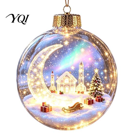 3D Winter Scene Decorations Lighted Christmas Ball Ornaments, Miniature Hanging with Warm LED Decorative Acrylic Holiday Spheres Light, Clear