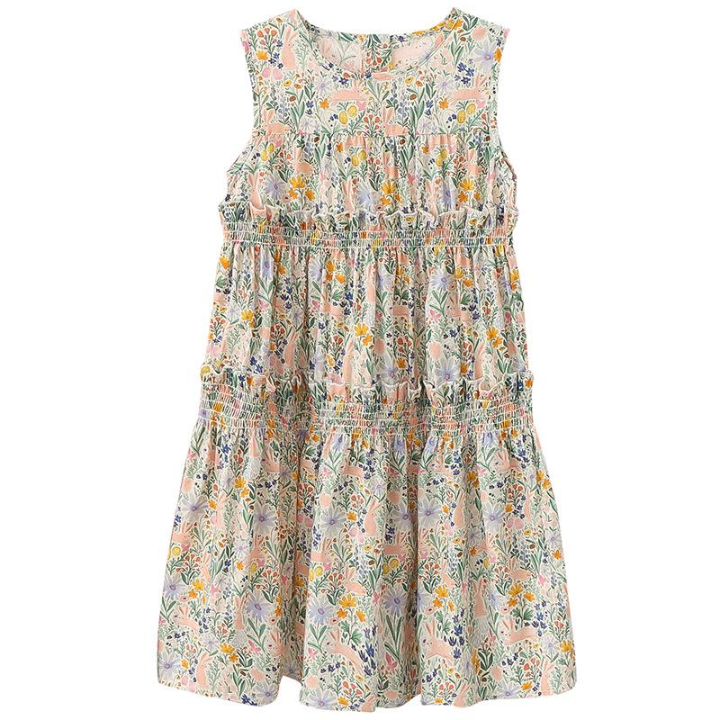 Girls' Summer Cotton Sleeveless Dress Pure Cotton Floral Vest Dress Forest Tie Suspender Dress