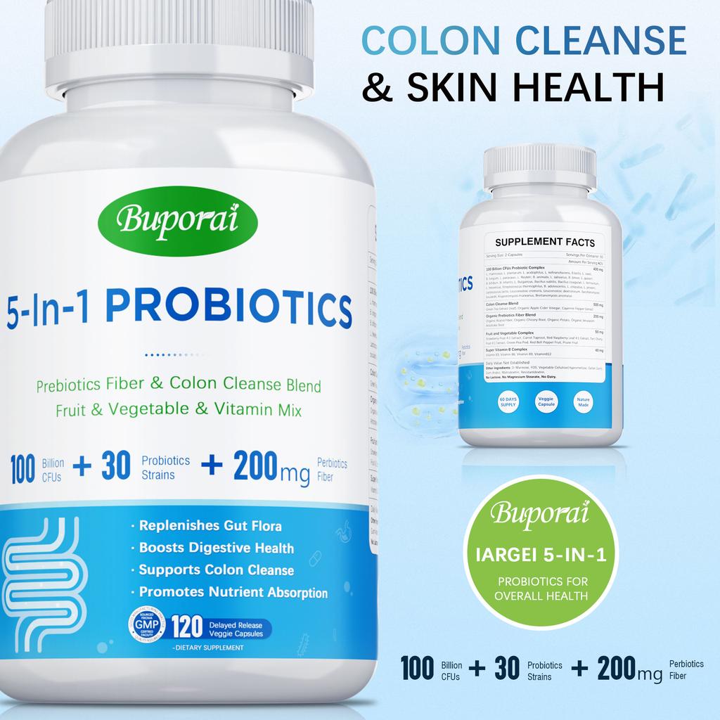 Buporai - Probiotic Dietary Supplement - Vegetarian Capsules - 200 mg Prebiotic Fiber and Fruit & Vegetable Vitamin Blend - Digestive Health