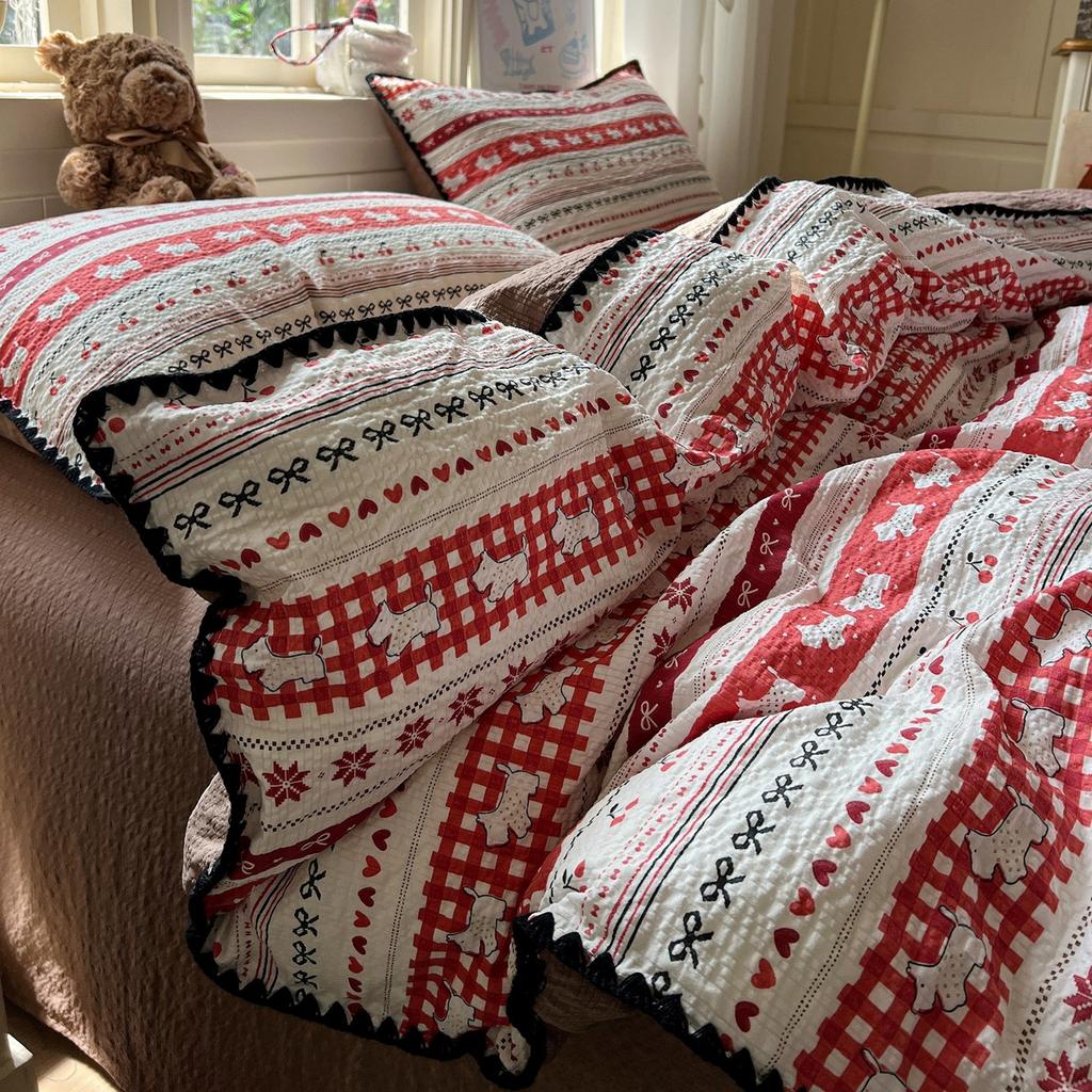 Maternal and infant grade A new puff yarn four-piece set, pure cotton naked bed sheet quilt cover, dormitory bed hat three-piece set