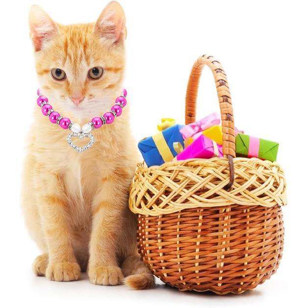 Hot Pink Pearl Dog Necklace, Beaded Cat Collar with Cute Crystal Heart Pendants Girl Dogs Necklace with Diamond Rhinestone for Puppy Small Medium