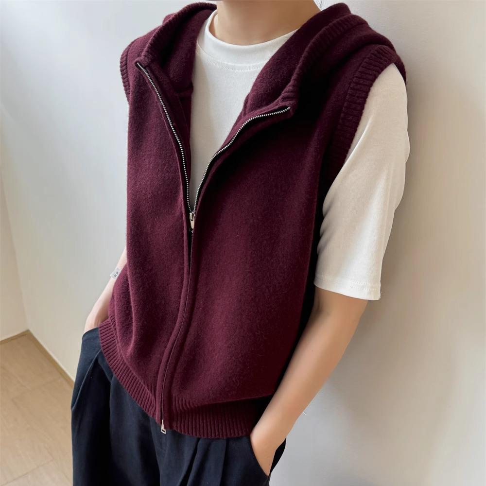 Women's European Style Wool Hooded Zip Vest - Loose Sleeveless Knit Cashmere Cape